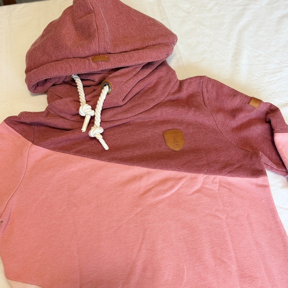 Wanakome Hoodie Women Medium Pink Cotton Colorblock Cowl Neck Boho Chic Pullover
